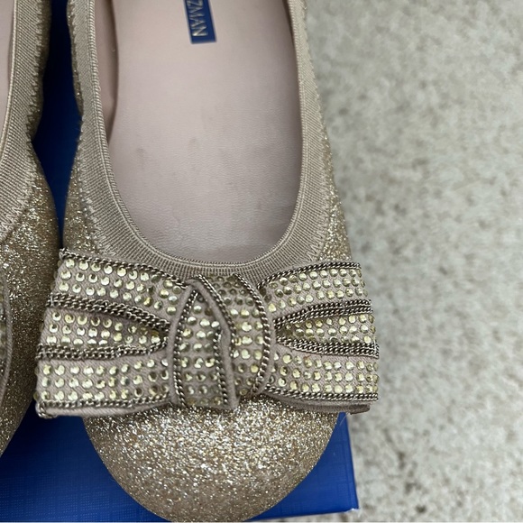 Stuart Weitzman Chain Bow Glitter Ballet Flats - Pale Gold - Size 13 - Picture 4 of 11